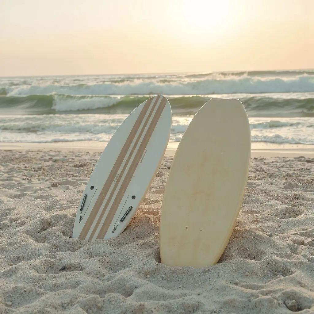 Planches de surf sur la plage au coucher du soleil