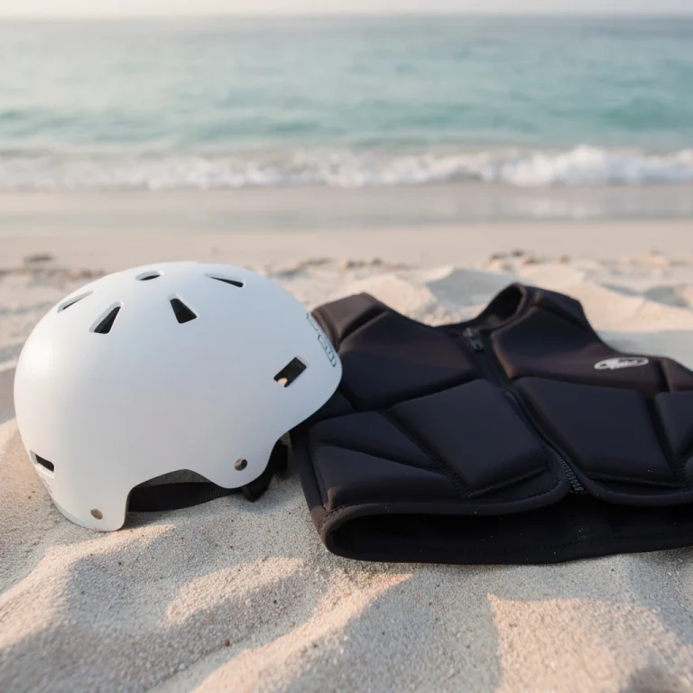 Casque de sport nautique et gilet d'impact posés sur une plage