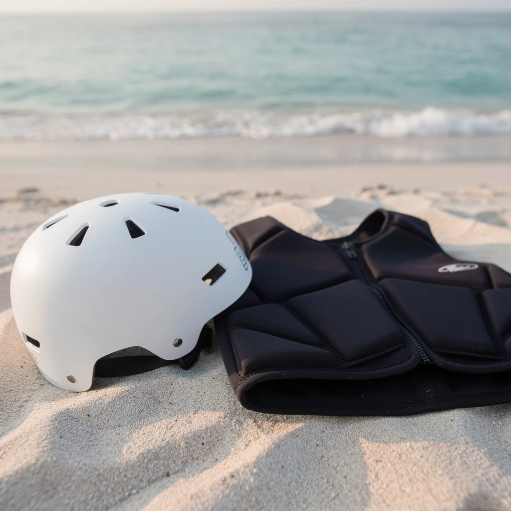 Casque de sport nautique et gilet d'impact posés sur une plage
