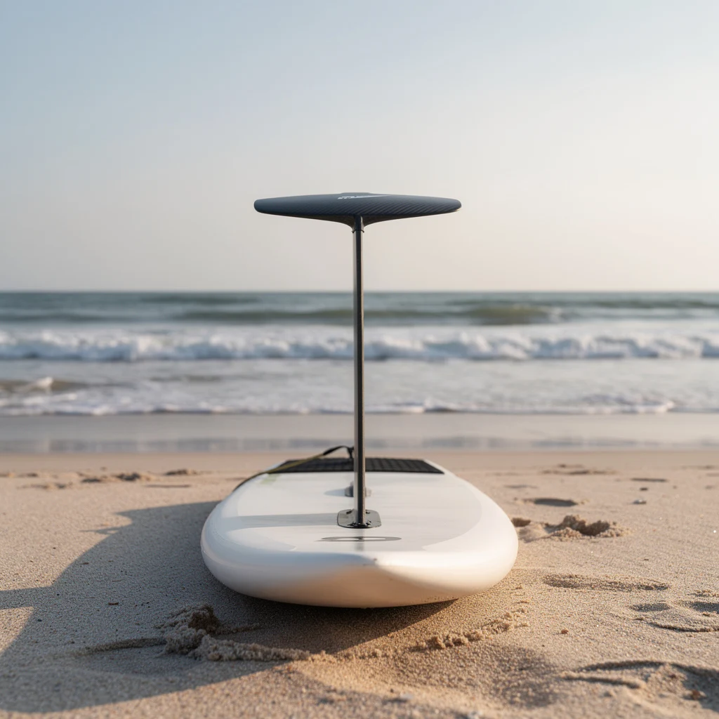 Planche de wingfoil et son foil posés sur le sable face à la mer